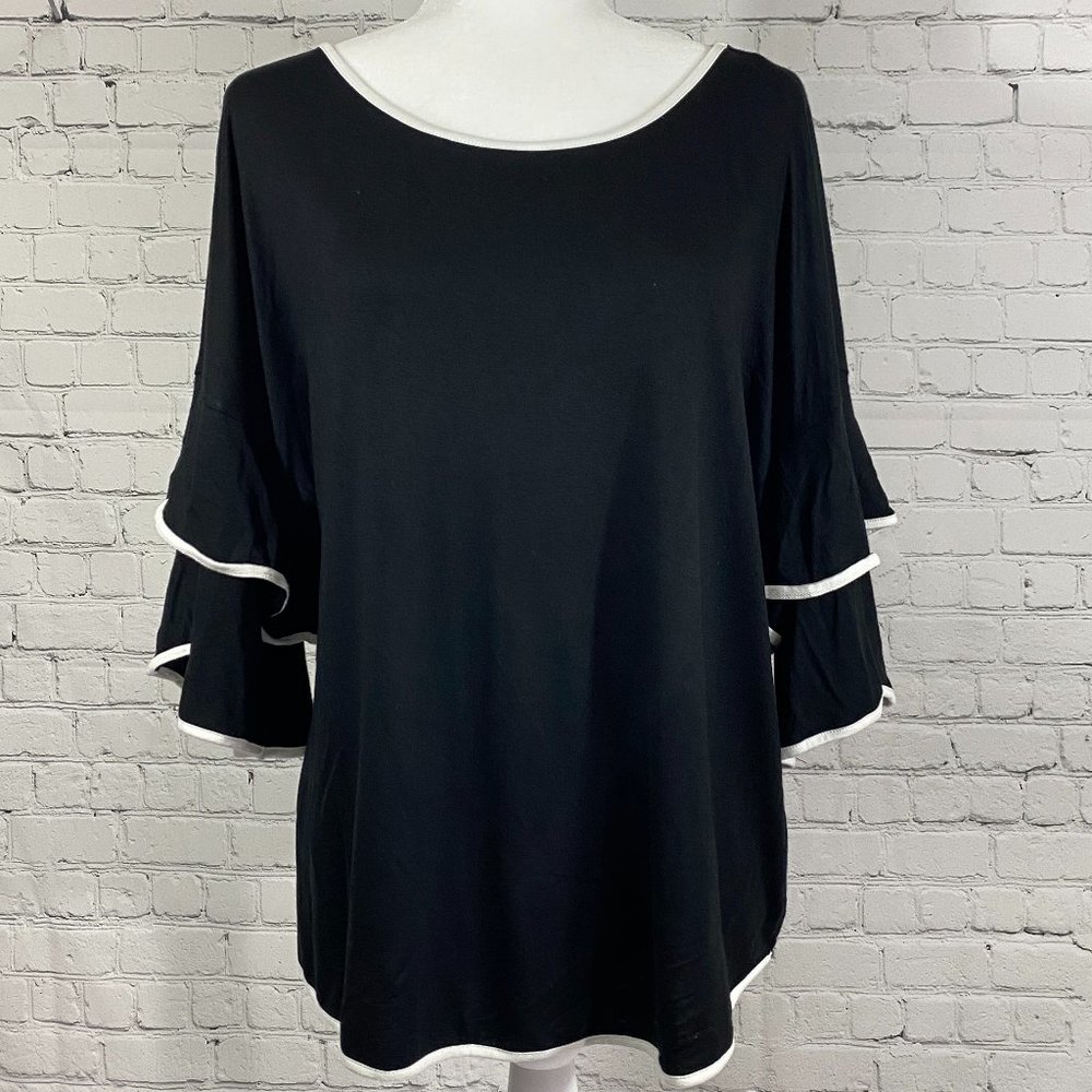 Cable & Gauge Boat Neck Top White Trim 3/4 Ruffle Sleeves Women's Sz XL Black